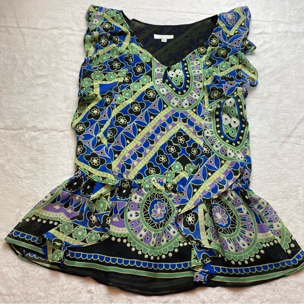 Jade Melody Tam Ruffled Floral Design Top Size Medium